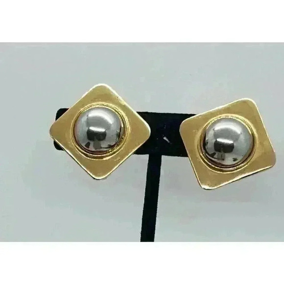 Vintage Clip Earrings Big Gold Square with Silver Cabochon Center REtro 50s Era - Picture 1 of 6